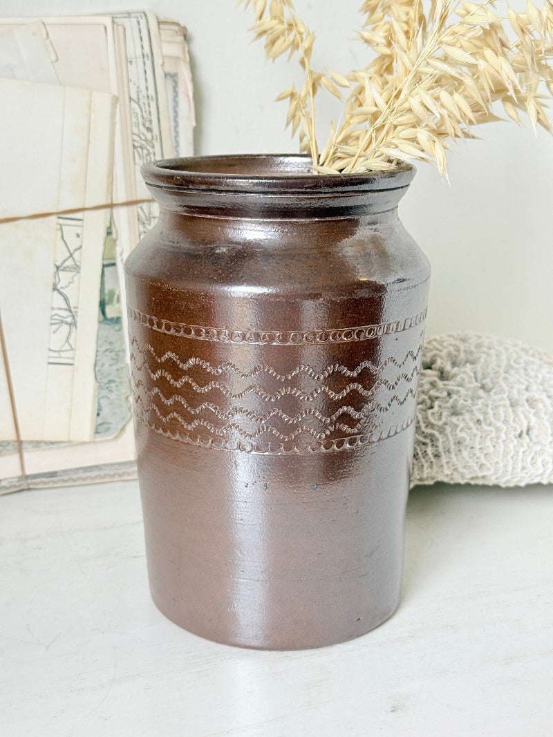 Vintage glazed stoneware pot with treacle brown glaze, incised banded decoration and wide rim for kitchen or shelf styling