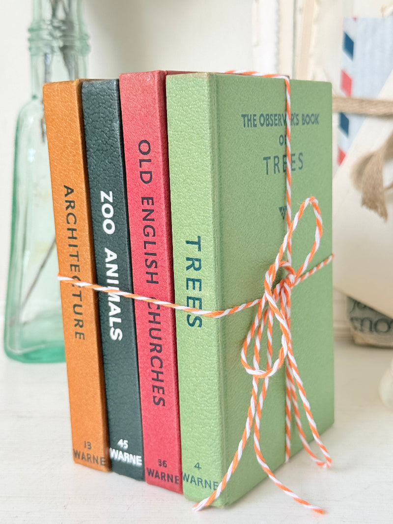 Four vintage-style hardcover books tied together with orange and white striped twine, standing upright on a light surface. The spines read Architecture, Zoo Animals, Old English Churches, and Trees, with Warner branding visible near the bottom.