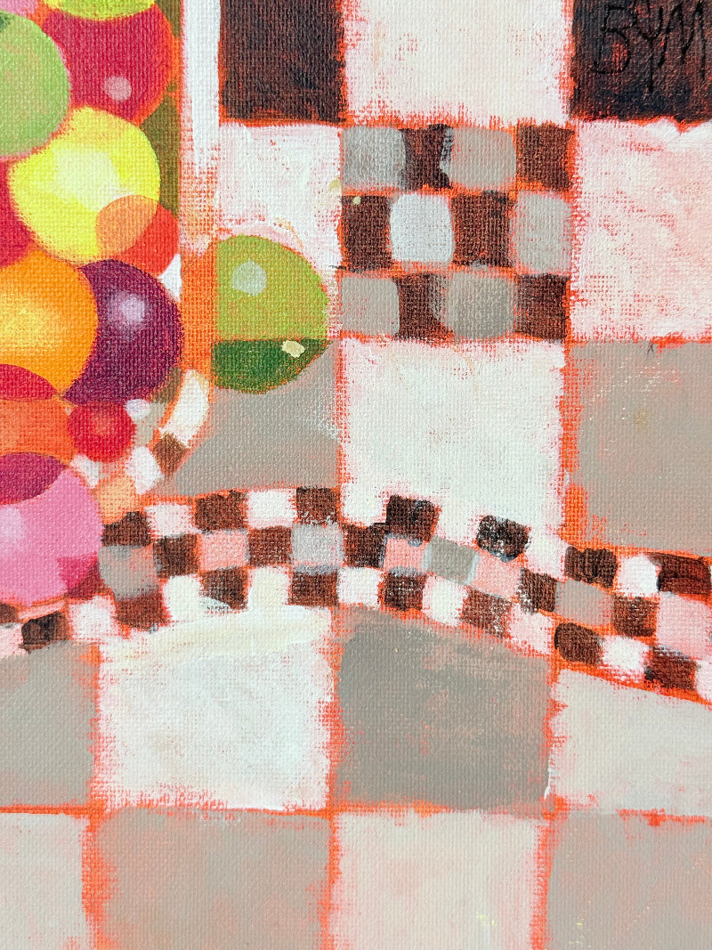 Ben Manchipp cubist still life oil on board with fruit and vessels, photographed on white surface.