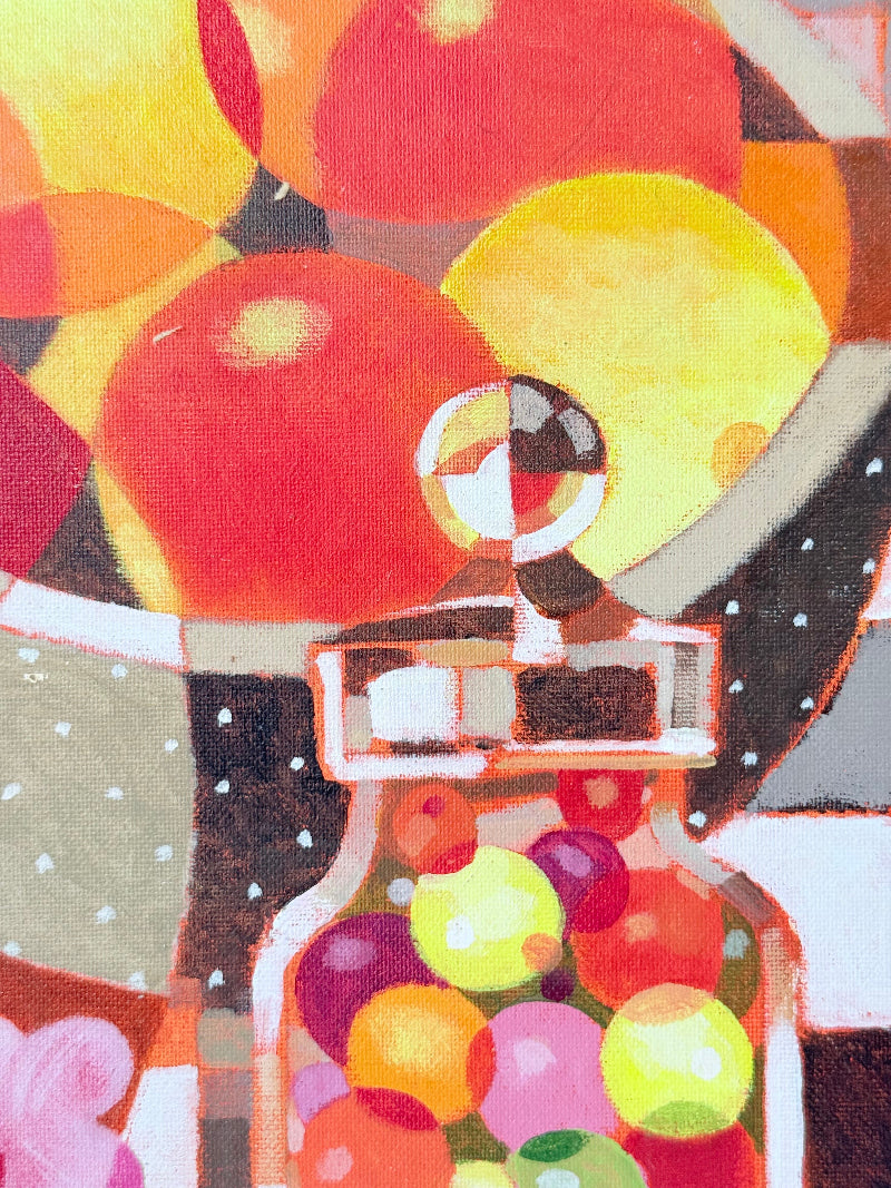 Ben Manchipp cubist still life oil on board with fruit and vessels, photographed on white surface.