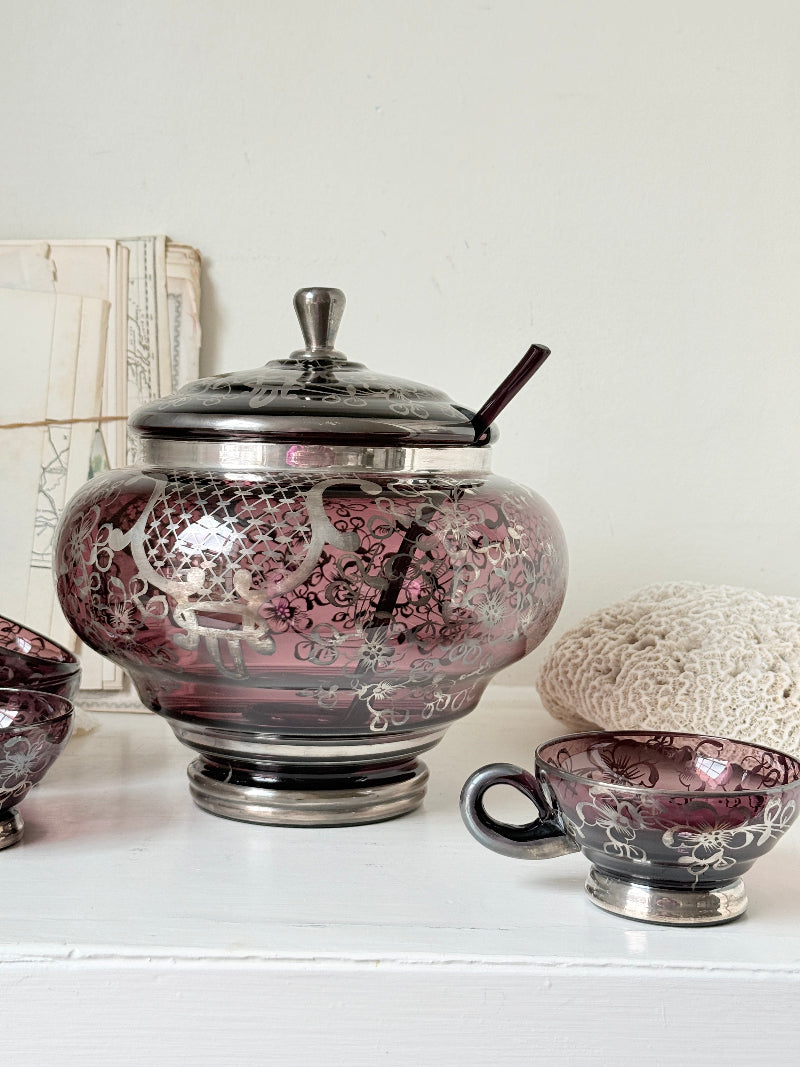 Vintage amethyst glass punch set with silver overlay decoration, lidded bowl, ladle and 6 matching cups