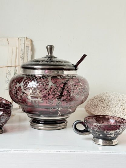 Vintage amethyst glass punch set with silver overlay decoration, lidded bowl, ladle and 6 matching cups