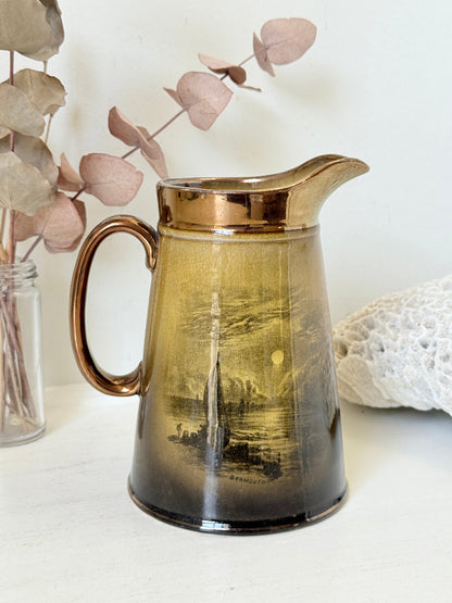 Vintage Ridgways Royal Vistas Ware ceramic jug in brown tones with scenic transfer print, photographed on a white surface
