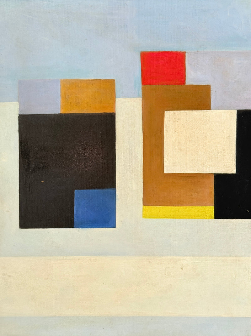 Original oil on canvas laid on board geometric modernist composition with bold colour blocks and ornate gold cream frame