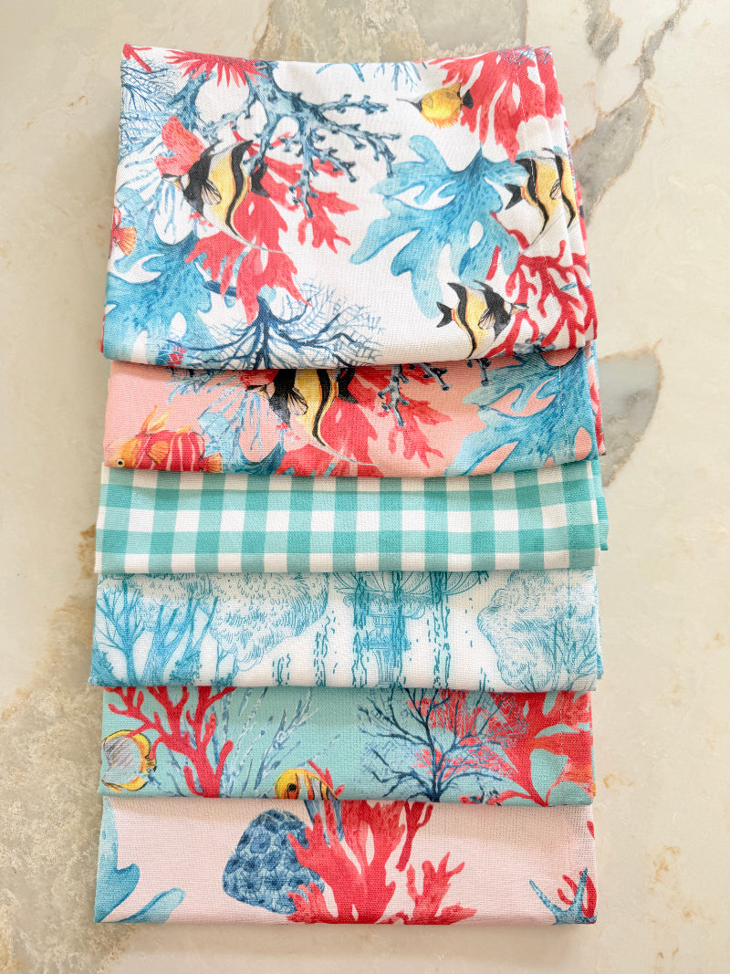 Pale pink coral and seaweed print cotton tea towels