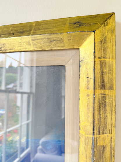 Colourful abstract acrylic painting after Donald Hamilton Fraser in gold frame, photographed on white background