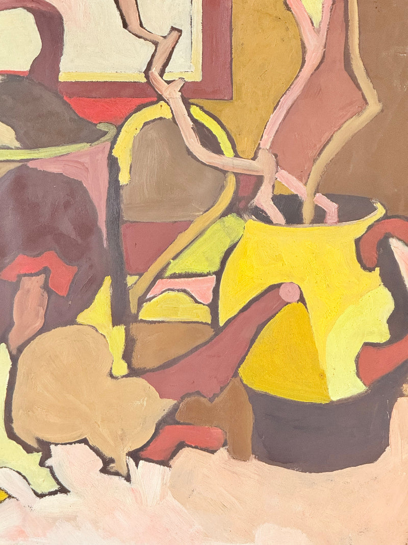 Mid century still life with watering can, oil on paper mounted on board, in ochre and plum tones, photographed on a white surface.