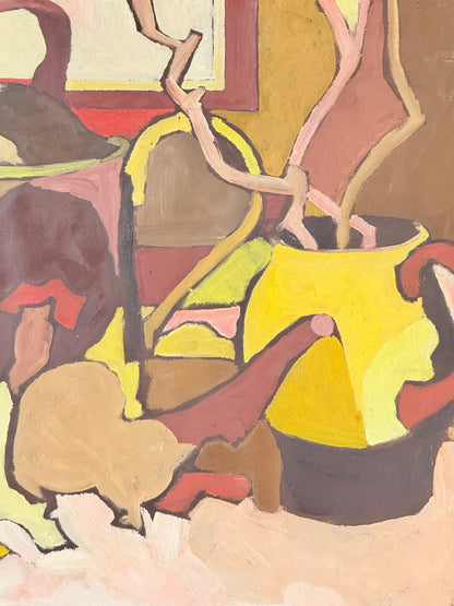 Mid century still life with watering can, oil on paper mounted on board, in ochre and plum tones, photographed on a white surface.