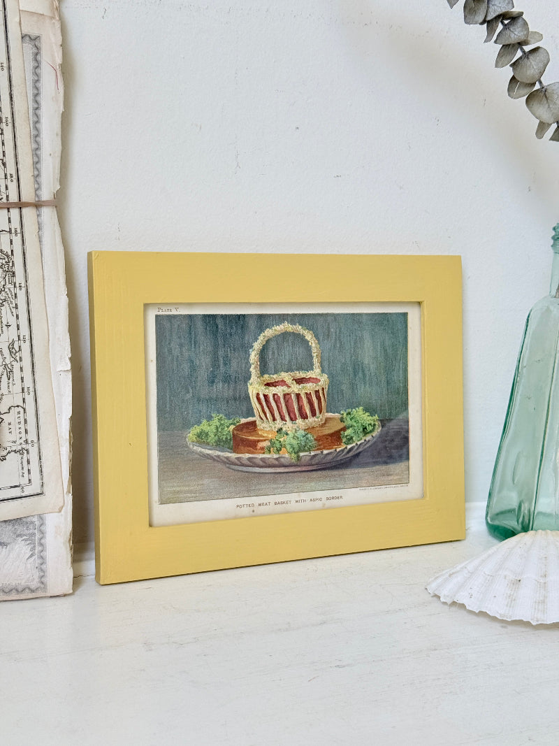 Framed antique Victorian cookery illustration from Cassell’s New Universal Cookery Book showing Potted Meat Basket with Aspic Border