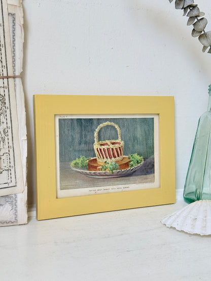 Framed antique Victorian cookery illustration from Cassell’s New Universal Cookery Book showing Potted Meat Basket with Aspic Border