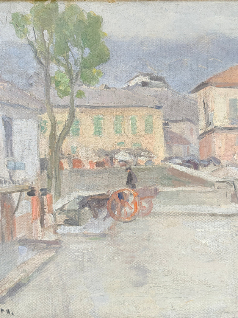 Impressionist-style painting of a street scene with a large tree on the left, pale buildings, a horse-drawn cart in the foreground, and soft muted tones throughout.