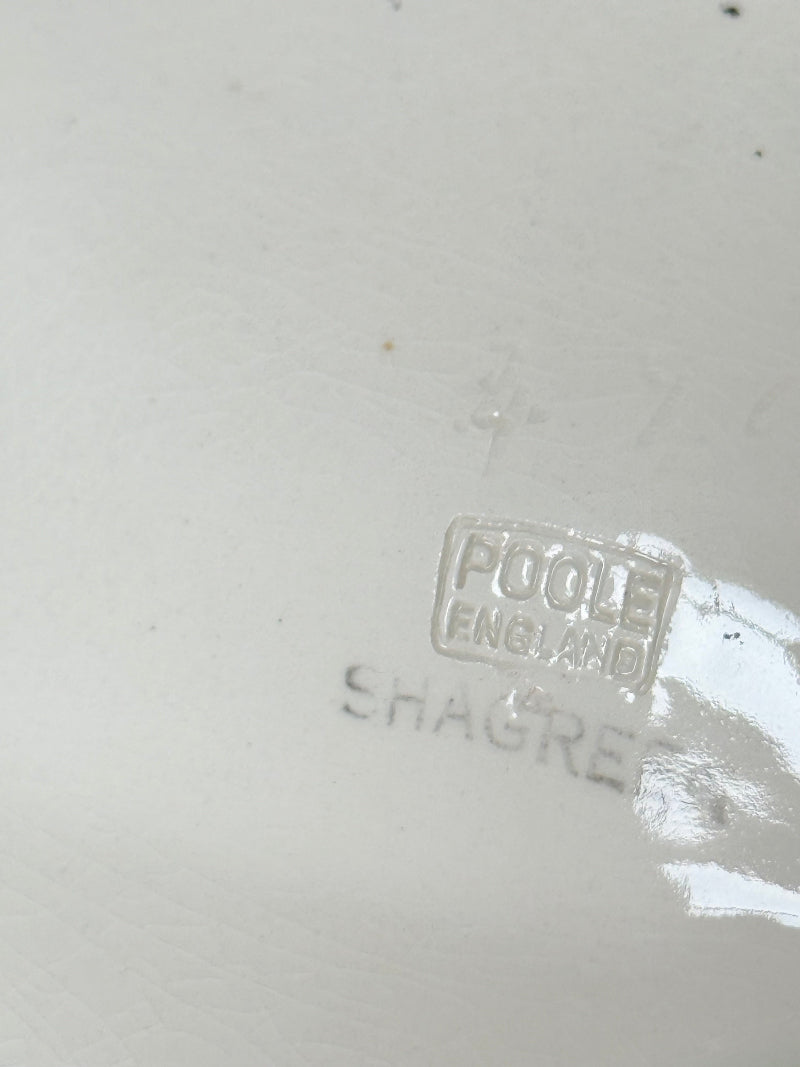 Poole Pottery Shagreen double scallop dish in sea green glaze photographed on a white surface