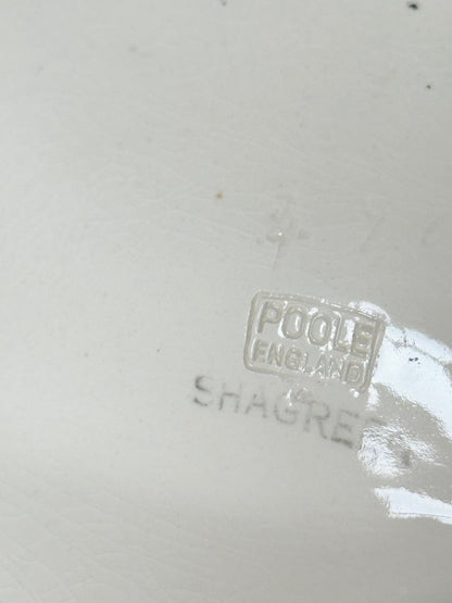 Poole Pottery Shagreen double scallop dish in sea green glaze photographed on a white surface