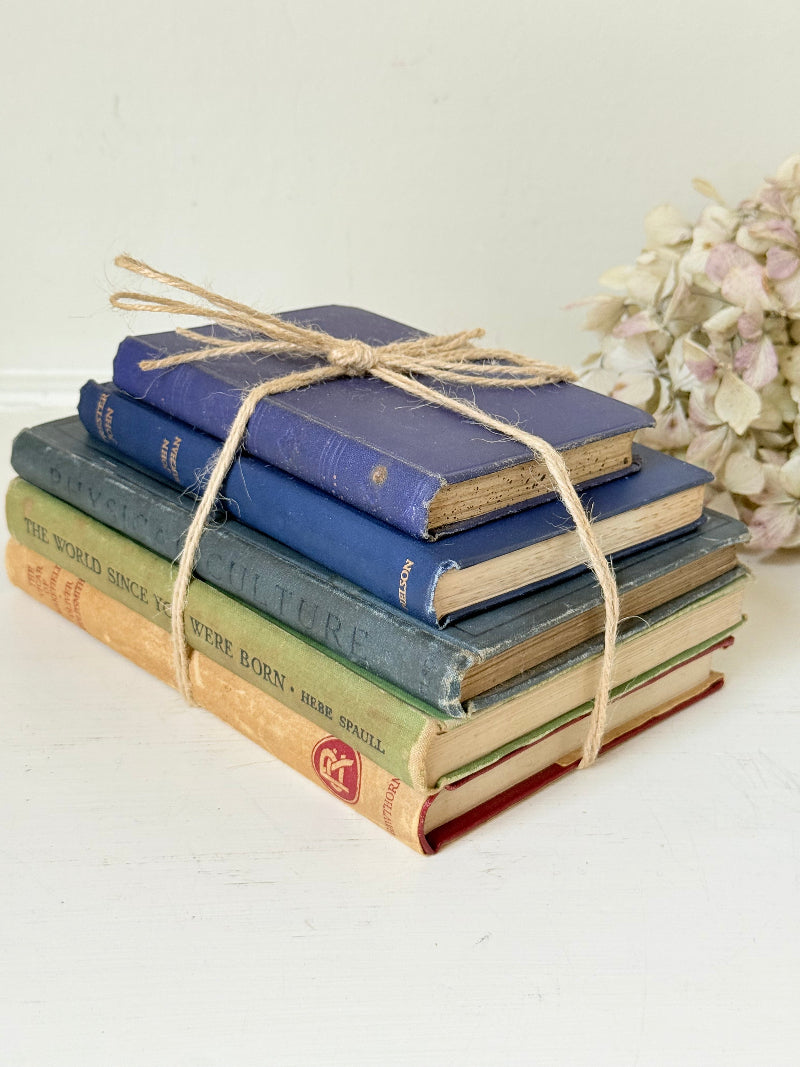 Vintage decorative book bundle in blue and green tied with twine, photographed on a white surface
