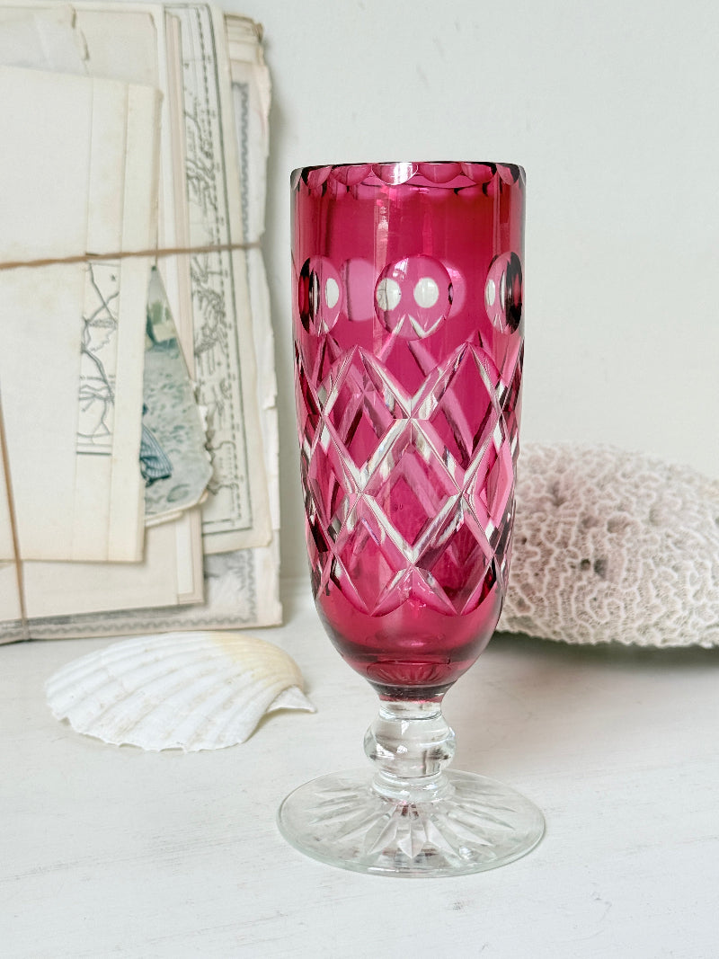 Antique cranberry cut to clear glass vase or goblet with diamond lattice pattern, clear pedestal foot and deep pink glass