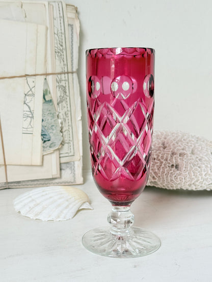 Antique cranberry cut to clear glass vase or goblet with diamond lattice pattern, clear pedestal foot and deep pink glass