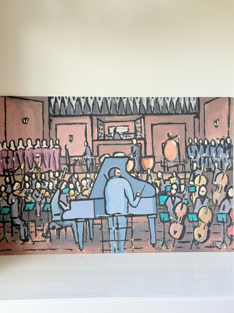 Vintage orchestral oil painting on board showing conductor and musicians, unframed, photographed on white surface.