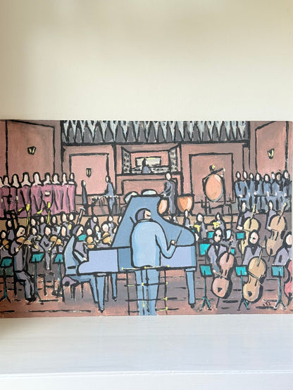 Vintage orchestral oil painting on board showing conductor and musicians, unframed, photographed on white surface.