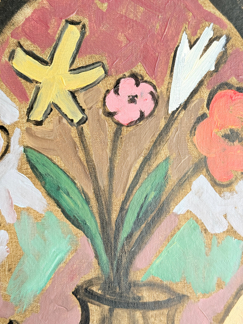 Modern British School oil on board painting of stylised flowers by a gothic arch in a pale frame, photographed against a light wall