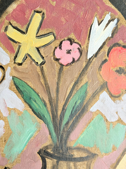 Modern British School oil on board painting of stylised flowers by a gothic arch in a pale frame, photographed against a light wall