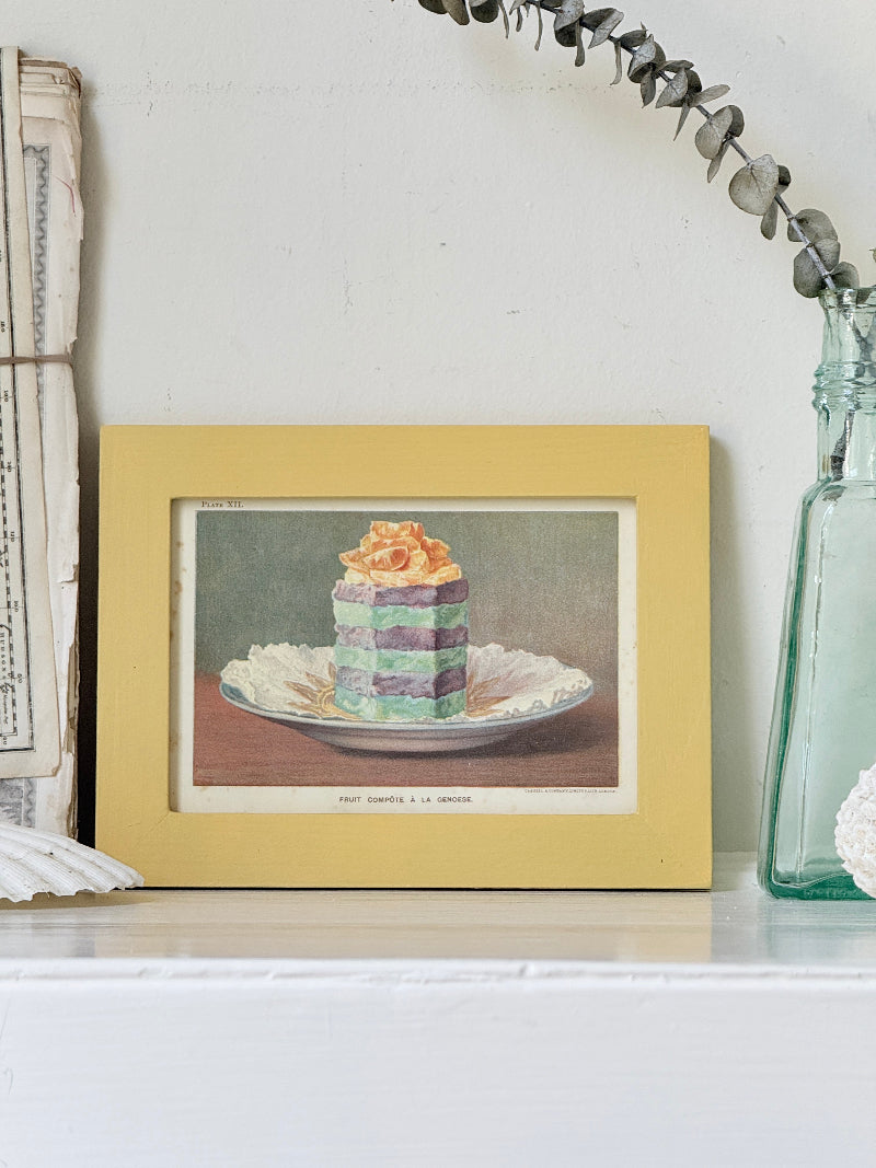 Framed antique Victorian cookery illustration from Cassell’s New Universal Cookery Book showing Fruit Compote à la Genoese