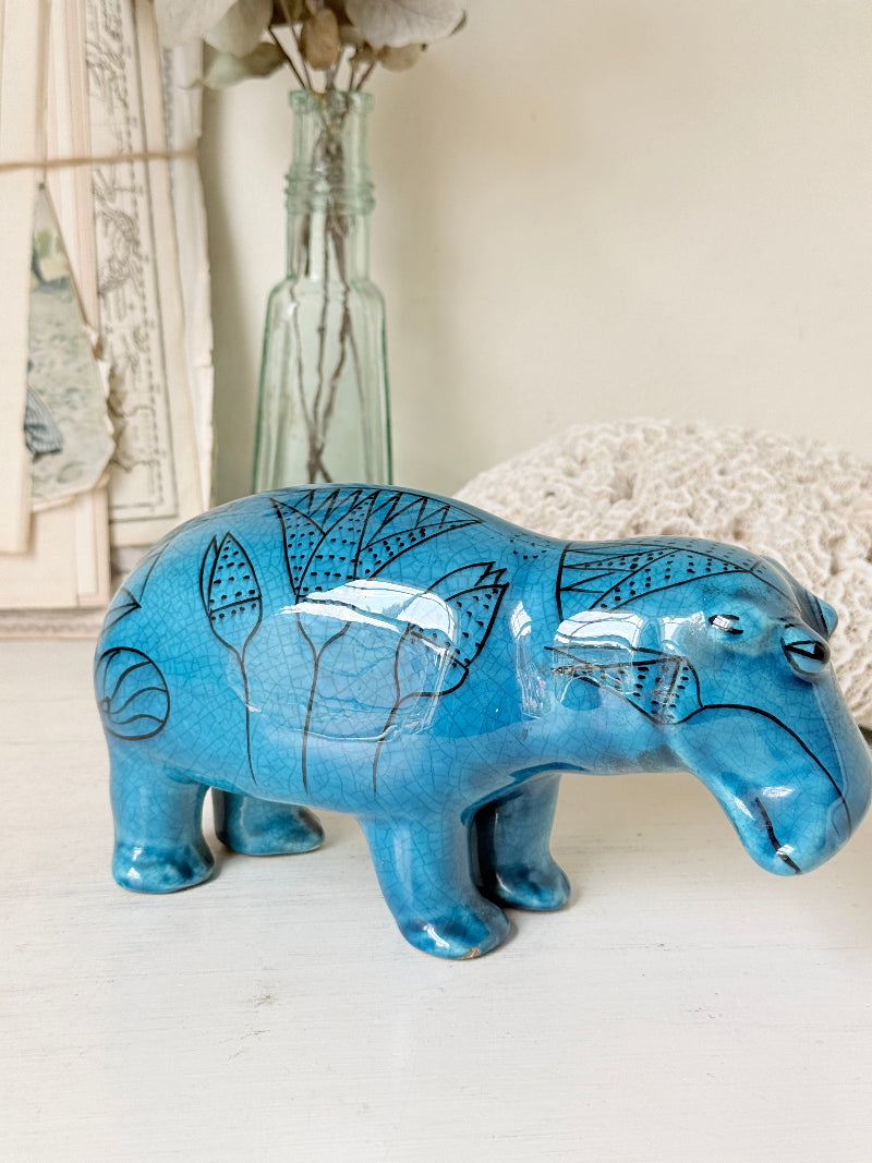 Official Metropolitan Museum William the Hippo reproduction, blue Egyptian figurine with black lotus decoration
