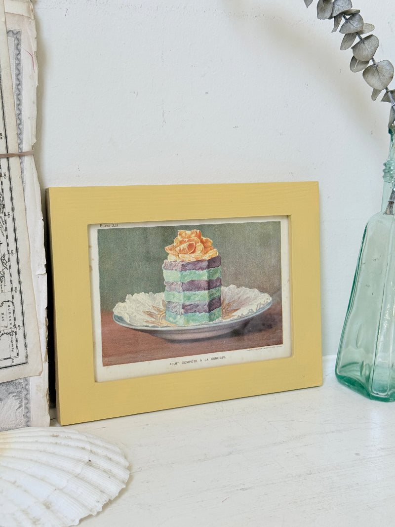 Framed antique Victorian cookery illustration from Cassell’s New Universal Cookery Book showing Fruit Compote à la Genoese