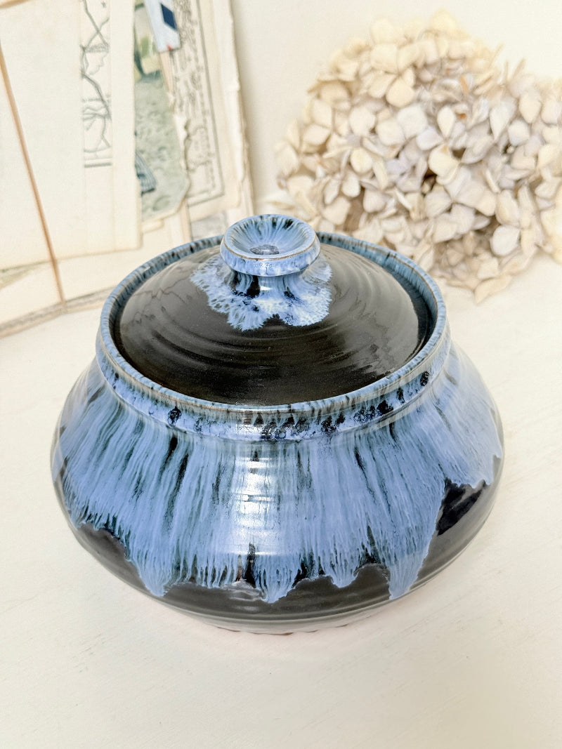 Studio Pottery Lidded Pot in Blue Drip Glaze