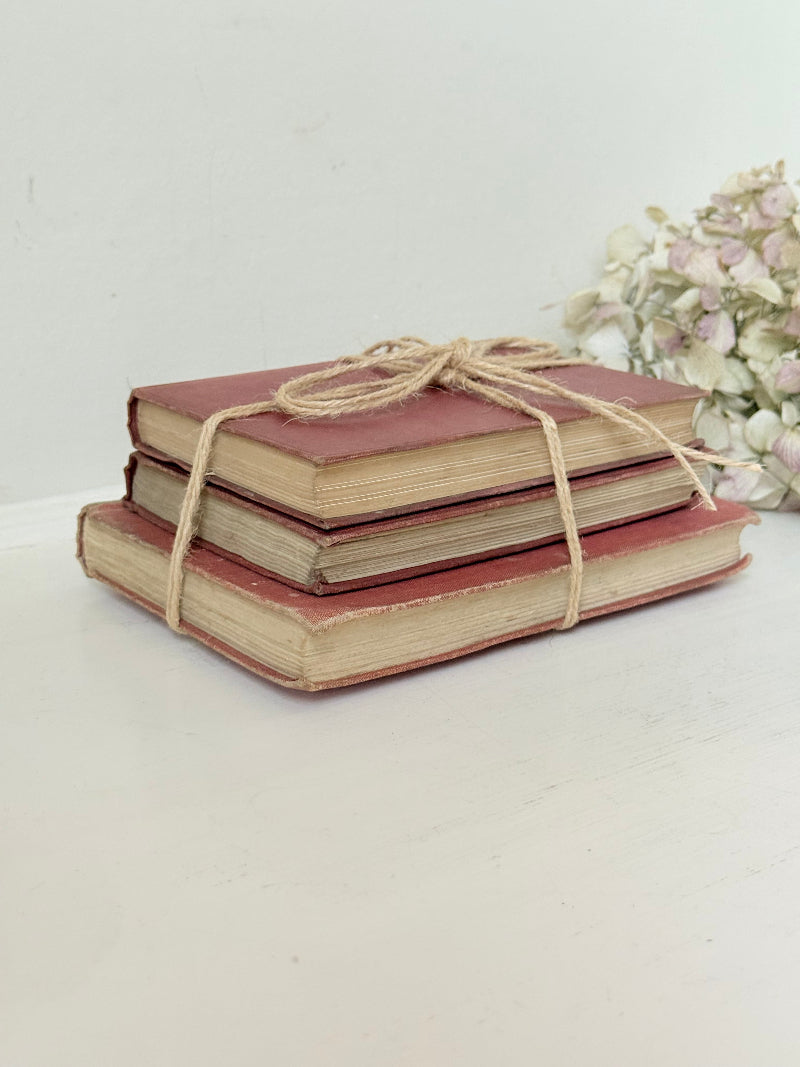 Bundle of three vintage books in worn rose and blush tones tied with natural twine, photographed on a white surface
