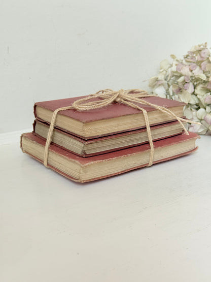 Bundle of three vintage books in worn rose and blush tones tied with natural twine, photographed on a white surface