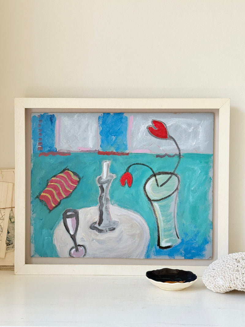 Original oil on board still life with candlestick, red tulips, turquoise background and cream frame in St Ives inspired style