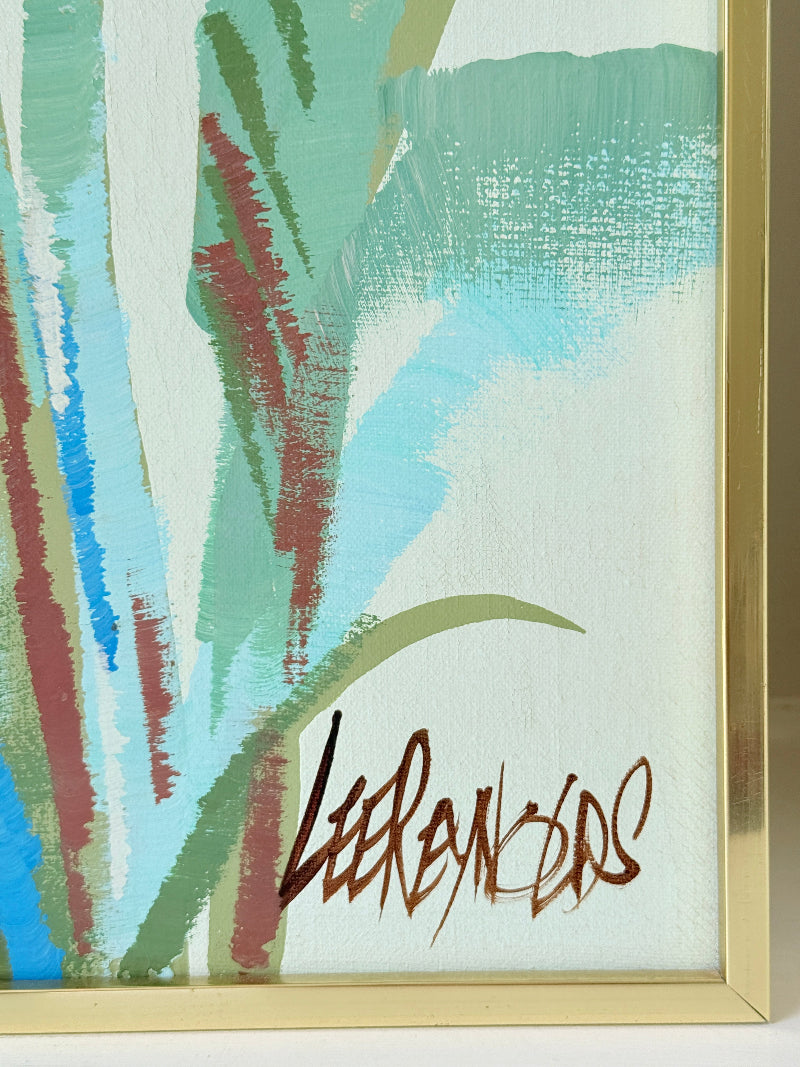 Lee Reynolds Vanguard Studios calla lily painting in aqua and green, gold frame, mid century modern