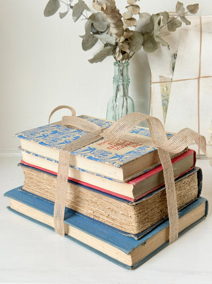 Stack of cloth bound vintage books in blue red and tan tied with jute ribbon styled with dried eucalyptus