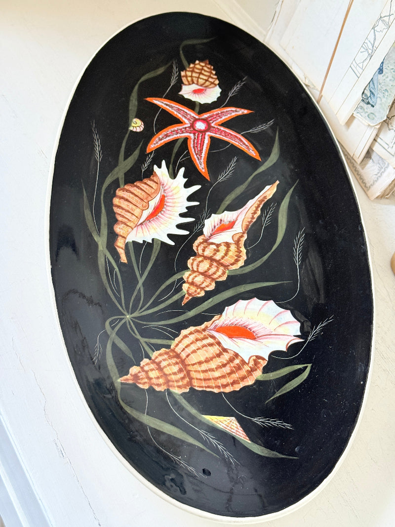 Vintage Henriot Quimper oval faience platter with hand painted seashells, starfish, seaweed and black ground decoration