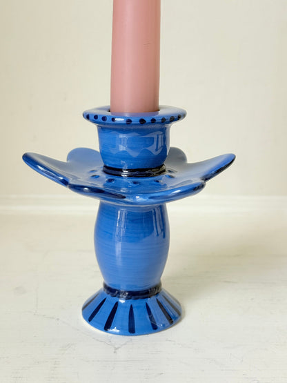  &amp;Klevering Amsterdam cobalt blue ceramic candle holder with hand painted detail and pink taper candles