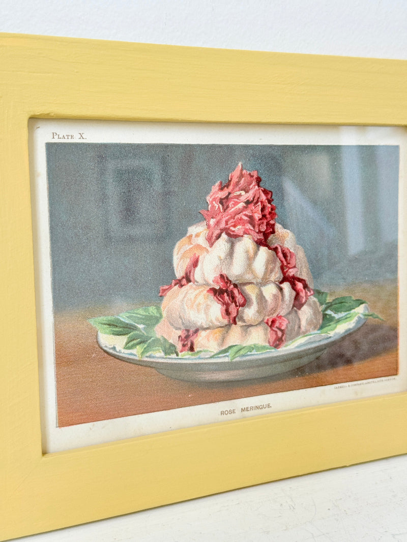 Framed antique Victorian cookery illustration from Cassell’s New Universal Cookery Book showing Rose Meringue dessert