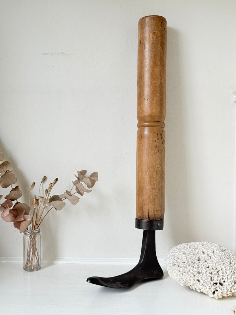 Antique cobbler’s shoe last in wood and cast iron, photographed on a white surface
