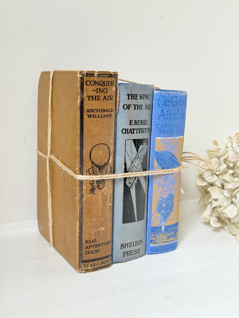 Vintage book bundle in blue, brown, and cream with printed lettering, tied with twine, photographed on a white surface