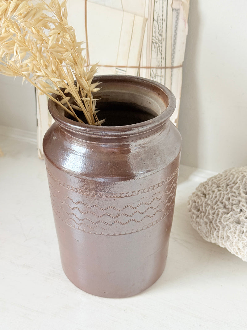 Vintage glazed stoneware pot with treacle brown glaze, incised banded decoration and wide rim for kitchen or shelf styling