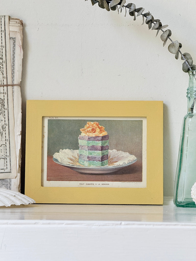 Framed antique Victorian cookery illustration from Cassell’s New Universal Cookery Book showing Fruit Compote à la Genoese