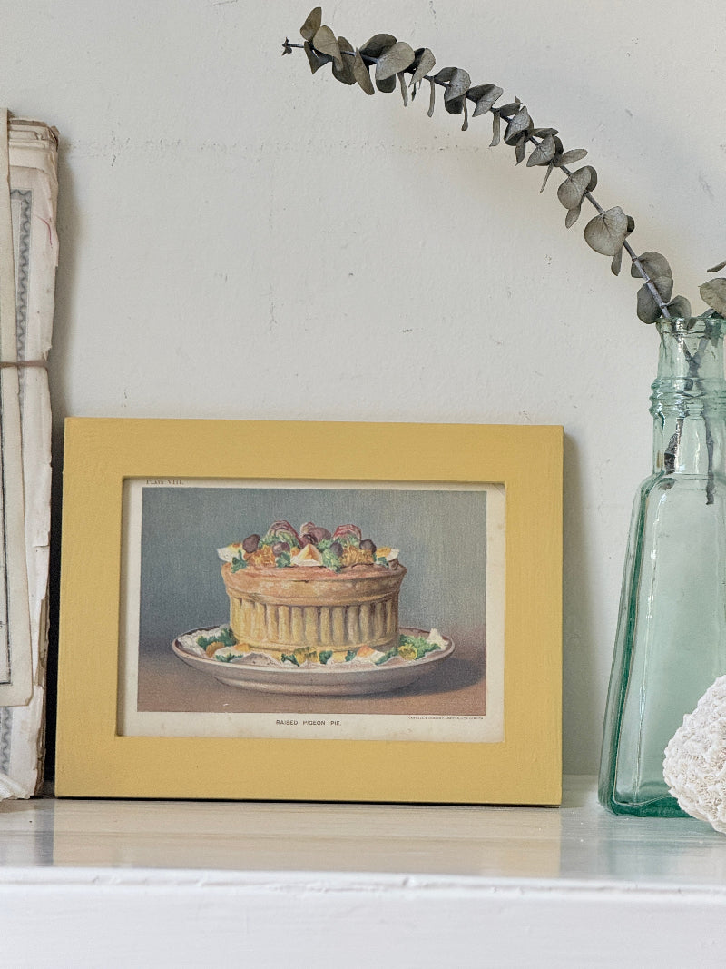 Framed antique Victorian cookery illustration from Cassell’s New Universal Cookery Book showing Raised Pigeon Pie