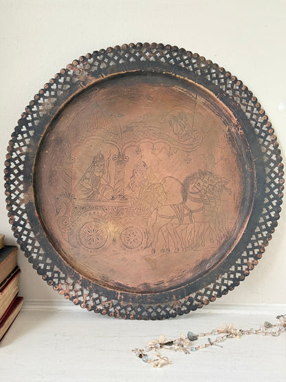 Antique copper tray with pierced gallery rim, figurative horse drawn chariot engraving and two tone aged patina