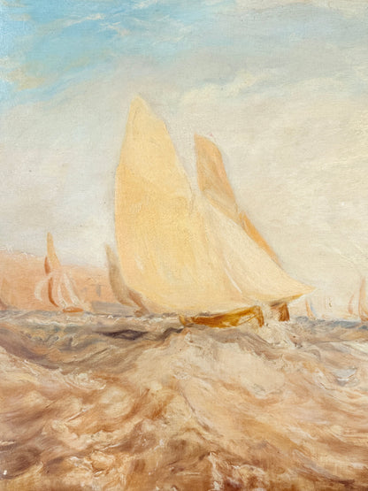 Impressionist oil painting of sailboats on a sea of choppy waves under a pale blue and cream sky.
