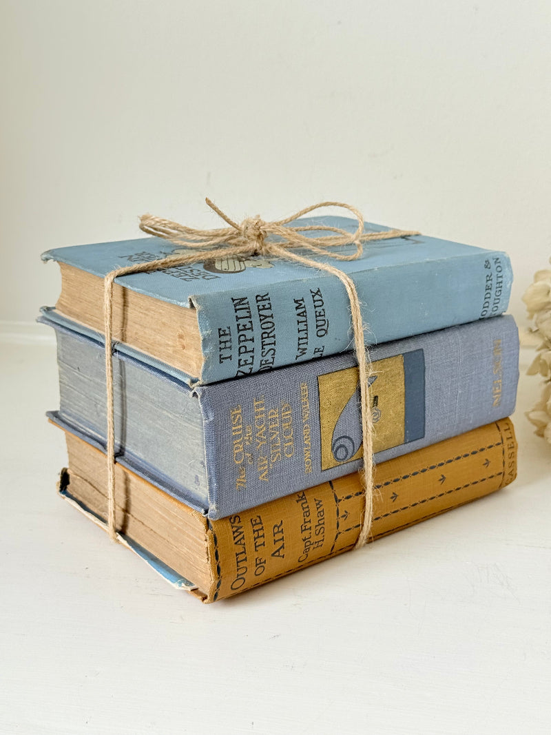 Vintage decorative book bundle in blue and ochre tied with twine, photographed on a white surface