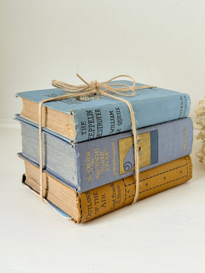 Vintage decorative book bundle in blue and ochre tied with twine, photographed on a white surface