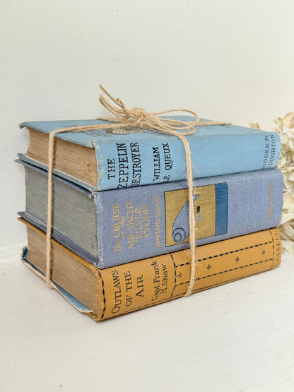 Vintage decorative book bundle in blue and ochre tied with twine, photographed on a white surface