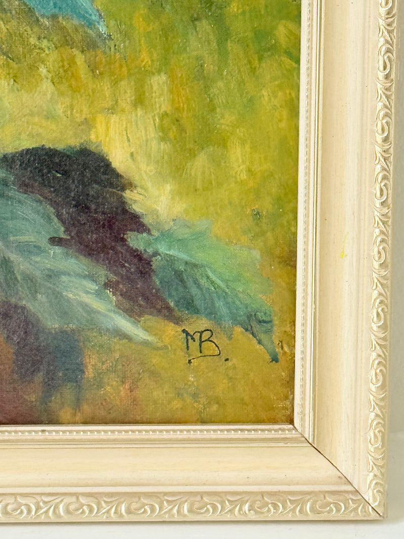 Poinsettias No 1 oil painting by Muriel Hester Broughton in red and green in a pale gilt frame