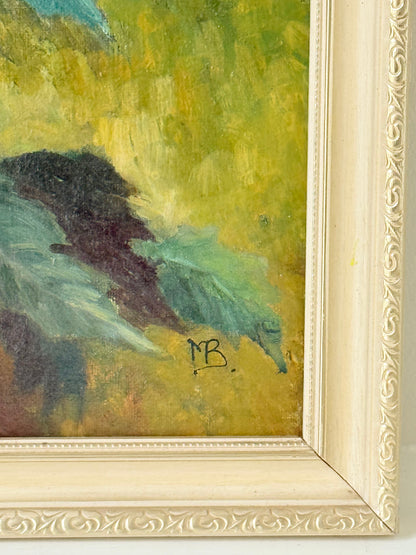 Poinsettias No 1 oil painting by Muriel Hester Broughton in red and green in a pale gilt frame