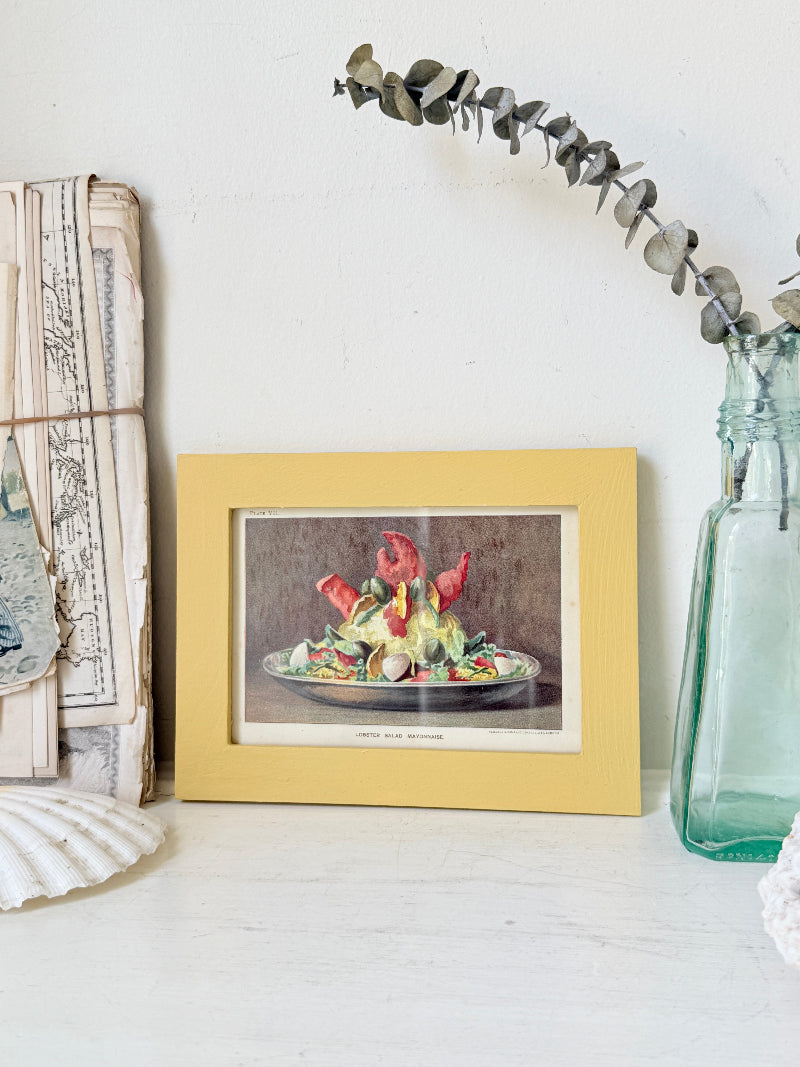 Framed antique Victorian cookery illustration from Cassell’s New Universal Cookery Book showing Lobster Salad Mayonnaise