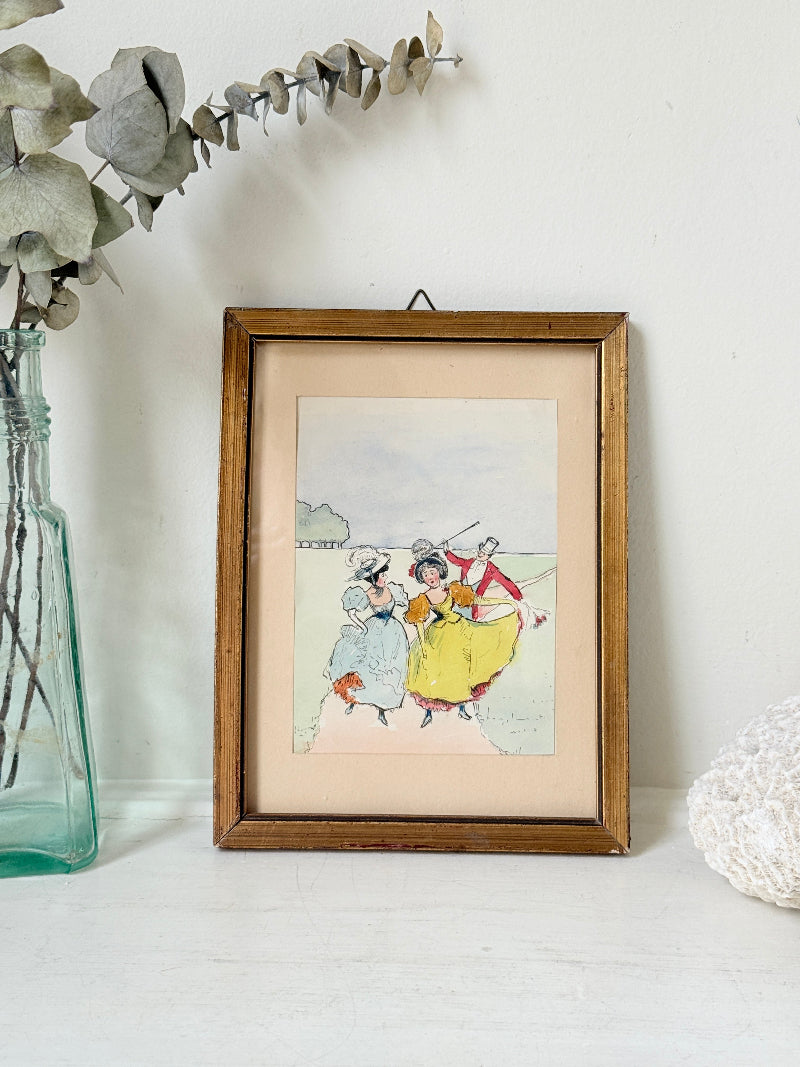 Cheeky colourful watercolour of a gentleman and ladies in period costume, in a wooden frame